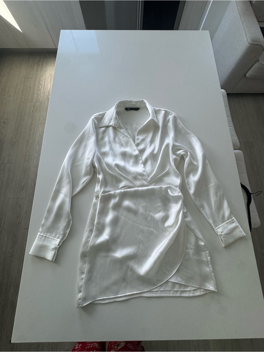 ZARA Ivory Satin Wrap Shirt Mini Dress Long Sleeve Size M